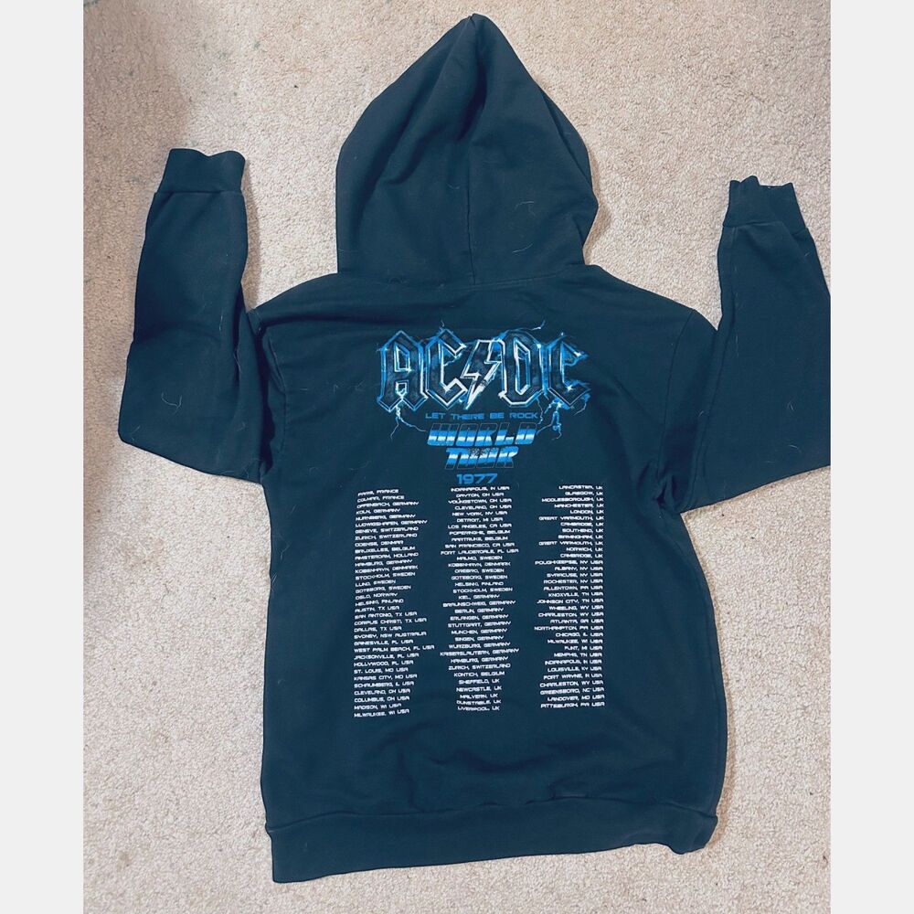 Vintage AC/DC 1977 World Tour "Let there Be Rock" Black Hoodie Sweatshirt S
